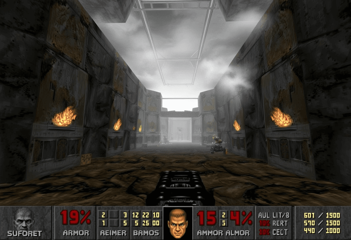 A screenshot of the video game Doom, DOOMFPSSCREEN, interior of an industrial factory