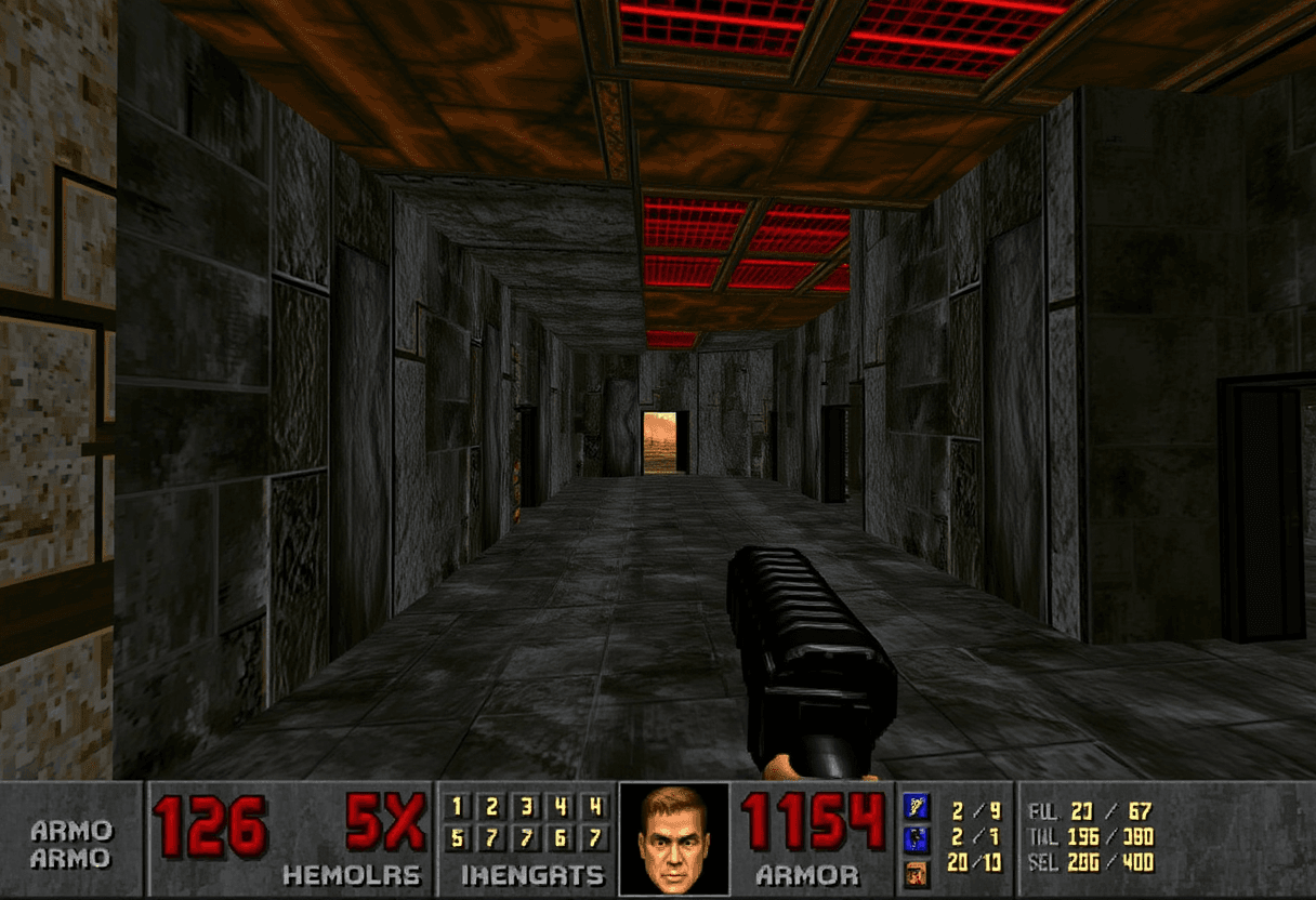 A screenshot of the video game Doom, DOOMFPSSCREEN, interior of an industrial factory, mazelike architecture, a mix of wall textures some are metal and technical, some are bright and smooth