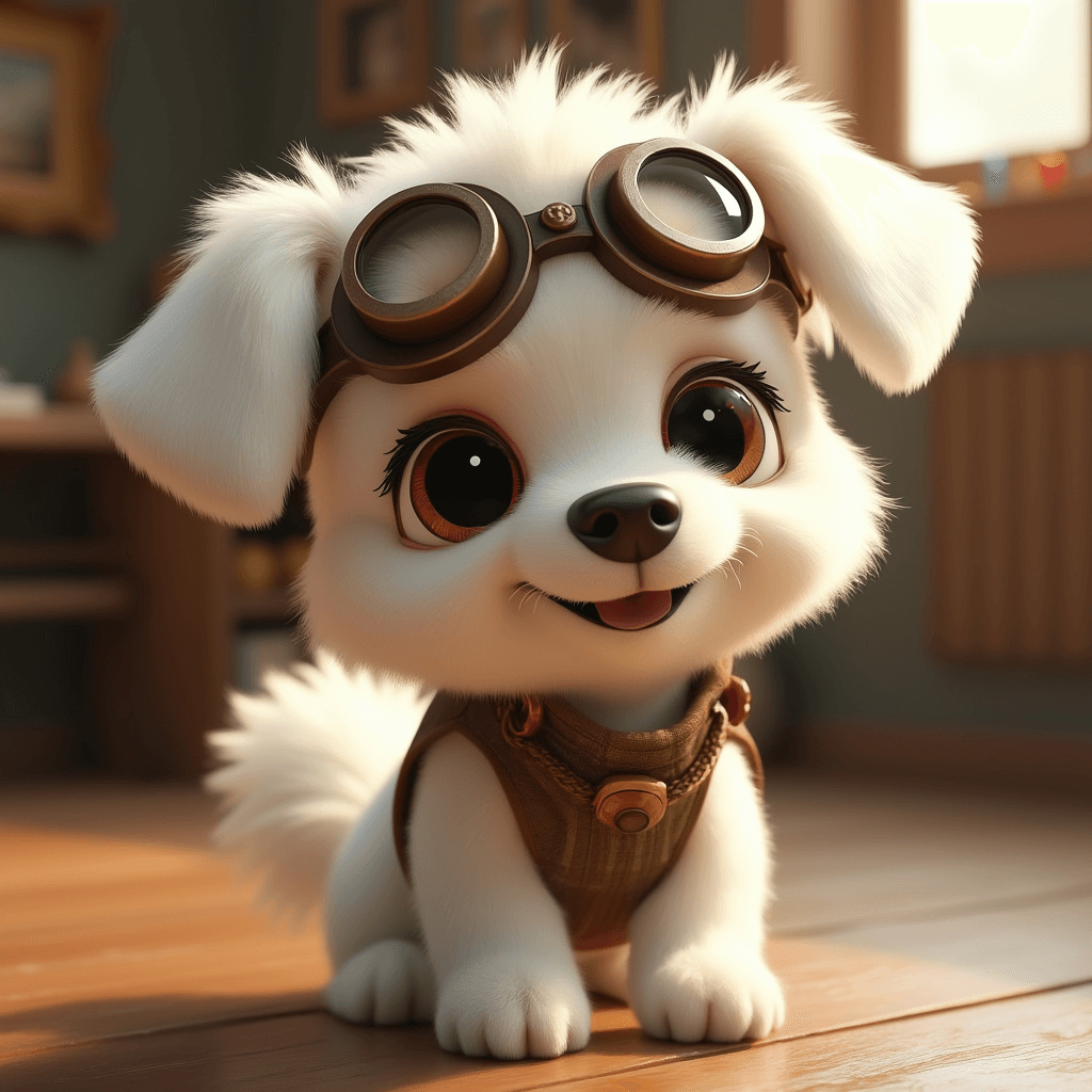 A Pixar-style 3D rendering of a cute, animated white dog with fluffy fur. The dog is wearing aviator goggles and a steampunk-inspired outfit. It has big, expressive eyes and an adorable smile. The dog is in a cinematic composition with soft lighting. The background is sepia-toned and has a nostalgic atmosphere.