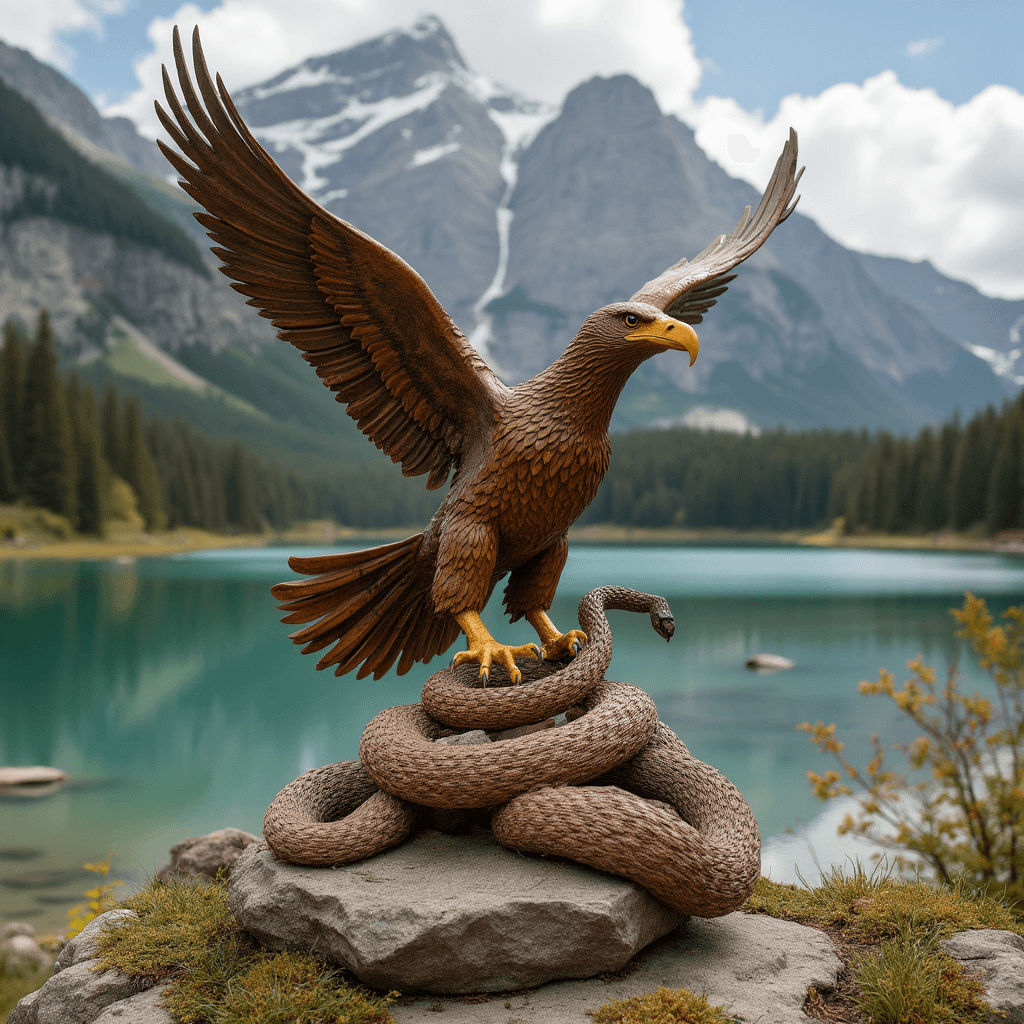 A wooden statue of a fighting eagle with a snake. The eagle is perched on a rock and is holding the snake in its talons. The snake is coiled around the rock. The background is a serene landscape with mountains, trees, and a body of water.