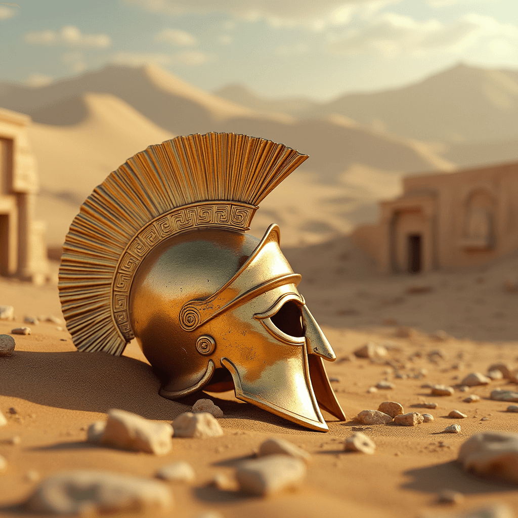 A 3D image of a golden Greek warrior helmet lying near ancient ruins. The helmet is partially buried in the sand. The background reveals a vast desert landscape with undulating sand dunes. The sky is clear with a few clouds. The overall image has a warm hue.