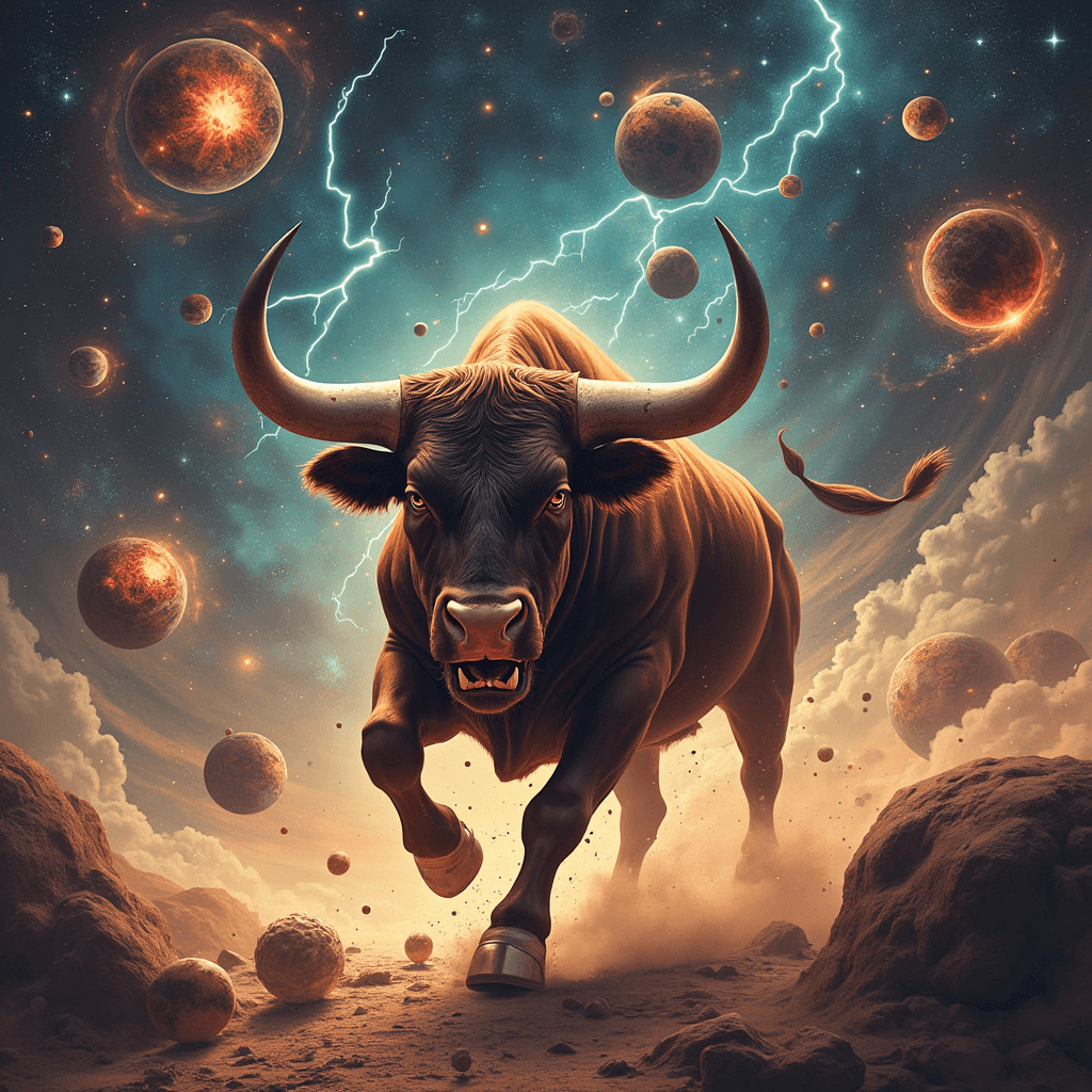 A surrealist image of an enraged cosmic bull charging through the galaxy, destroying planets like balls. The background is a vast, starry sky with swirling nebulae. The bull has a lightning bolt-shaped horn and its eyes are filled with fury.