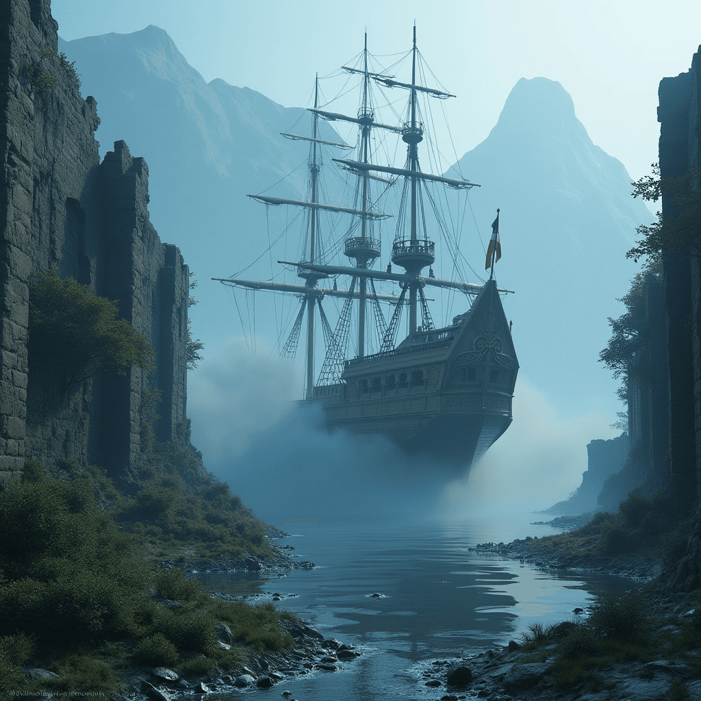 A 3D render of a large ship emerging from the mist and entering an old, abandoned port. The ship has multiple masts and is adorned with intricate carvings. The port has crumbling walls and is overgrown with vegetation. The background reveals misty mountains. The overall image has a blue hue.