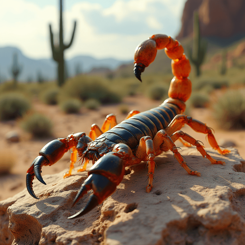 A super realistic and super detailed image of a scorpion. The scorpion is placed on a rock. The background is a desert with cacti. The lighting is soft.