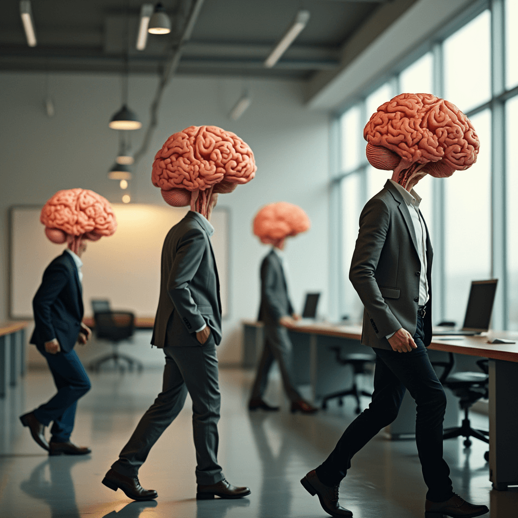 A surrealist image of walking people with exposed brains instead of heads, working on a super difficult project, fully absorbed in their work. The background is a modern office setting with desks, chairs, and a whiteboard. The lighting is soft.