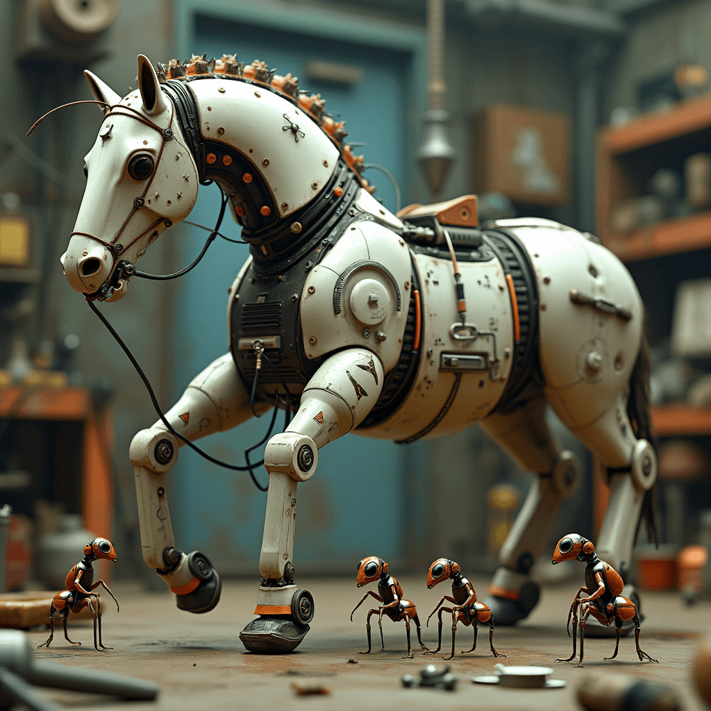 A surrealist image of robot ants building a Trojan horse-like electronic horse. The robot ants are small and have a futuristic design. The electronic horse is large and has multiple buttons, lights, and wires. The background is a factory or workshop with various machinery and tools.