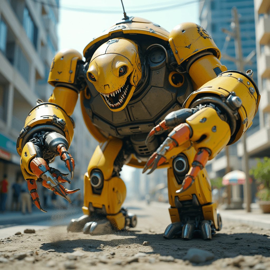 A cinematic medium shot of a giant yellow robot turtle fighting an enormous robot crab. The background reveals a city with modern architecture. The lighting is bright.