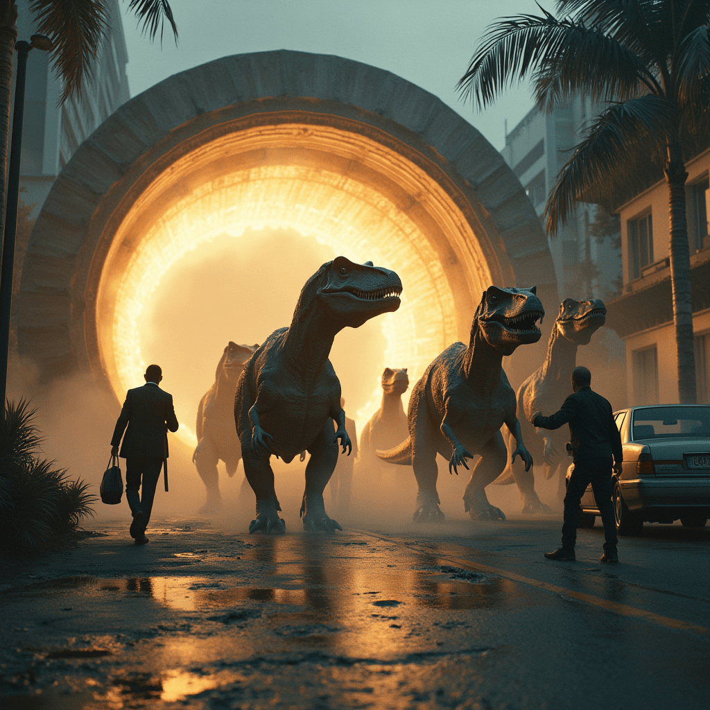 A scene from a horror film of dinosaurs emerging from a time portal. The portal is a large, glowing archway. The dinosaurs are walking out of the portal into a modern-day setting. There are buildings and cars in the background.