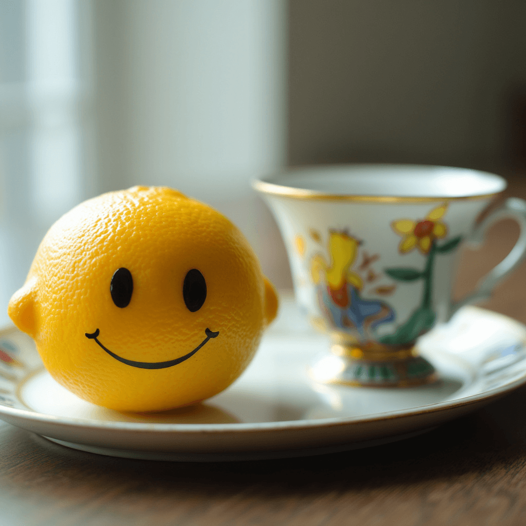 A photo of a lemon with a smiley face sitting on a plate. Next to the lemon, there is an elegant Chinese porcelain teacup standing upright. The lemon has a yellow peel and a juicy, orange interior.