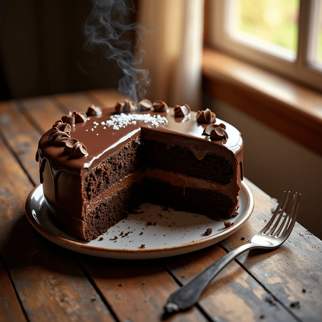 A decadent chocolate cake sits elegantly on a rustic wooden table, its rich, dark brown layers glistening with a glossy ganache that reflects the soft, warm light from a nearby window. The cake is adorned with delicate chocolate shavings and a sprinkle of sea salt, enhancing its allure. A slice has been cut, revealing a moist, velvety interior, with a slight sheen that promises indulgence. The setting is cozy, with a vintage plate and a fork resting beside it, inviting the viewer to take a bite. The golden hour sunlight filters through sheer curtains, casting a gentle glow that highlights the cake's textures and creates soft shadows. This close-up macro photography captures the intricate details—steam rising slightly from the warm slice, the rich aroma almost palpable, and the enticing, sweet scent of chocolate wafting through the air, making it impossible to resist.