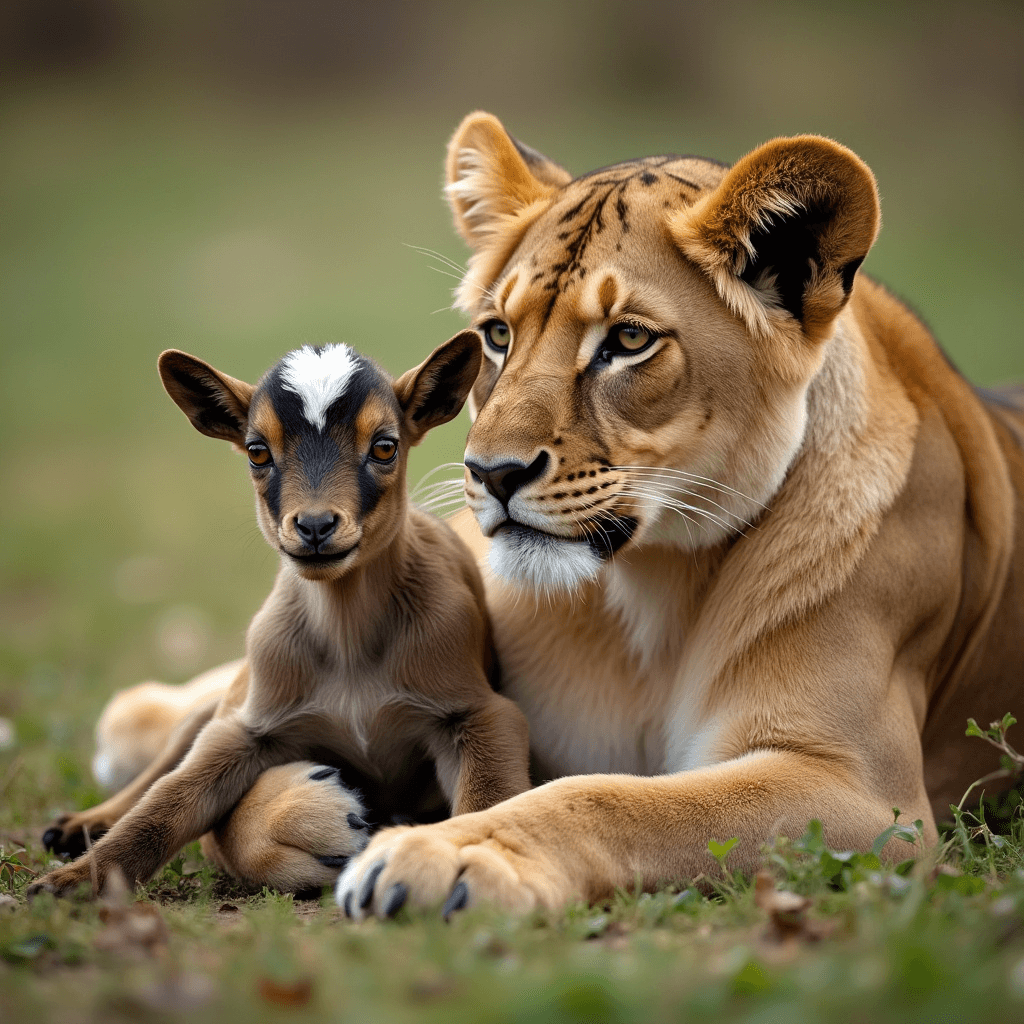 A baby goat on the lap of a lion cub