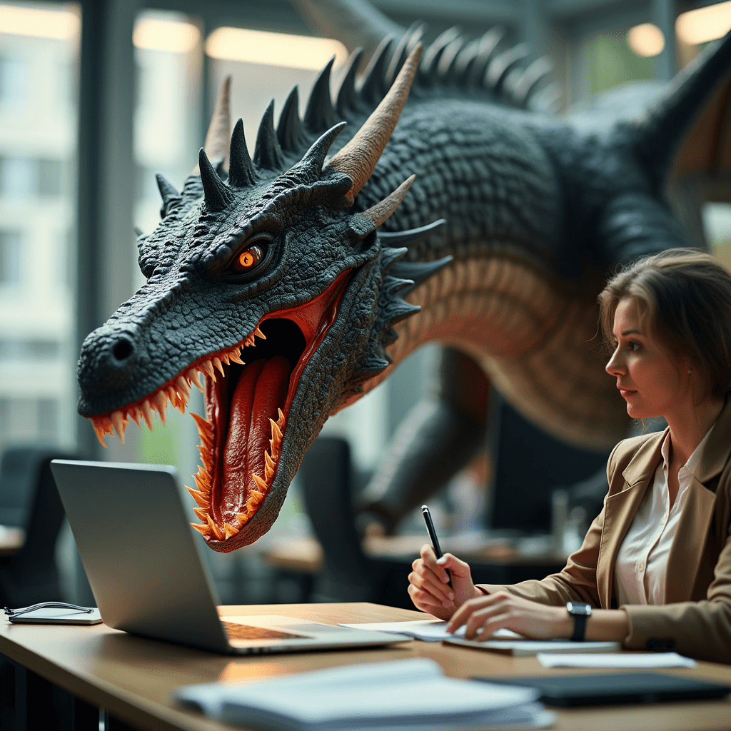 a photo of a large dragon eating a laptop, modern office, scared office workers