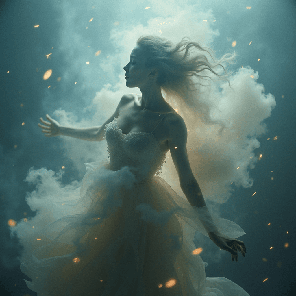 A surreal and dreamlike scene of a woman dissolving into the air, blending with the atmosphere. Soft, misty clouds and light swirl around her in an ethereal environment. Muted tones of blues and purples create a magical, otherworldly feel. Her body fades into transparency, merging with the surroundings in a surrealistic fantasy style. Cinematic lighting highlights the delicate transition, capturing a mystical moment.