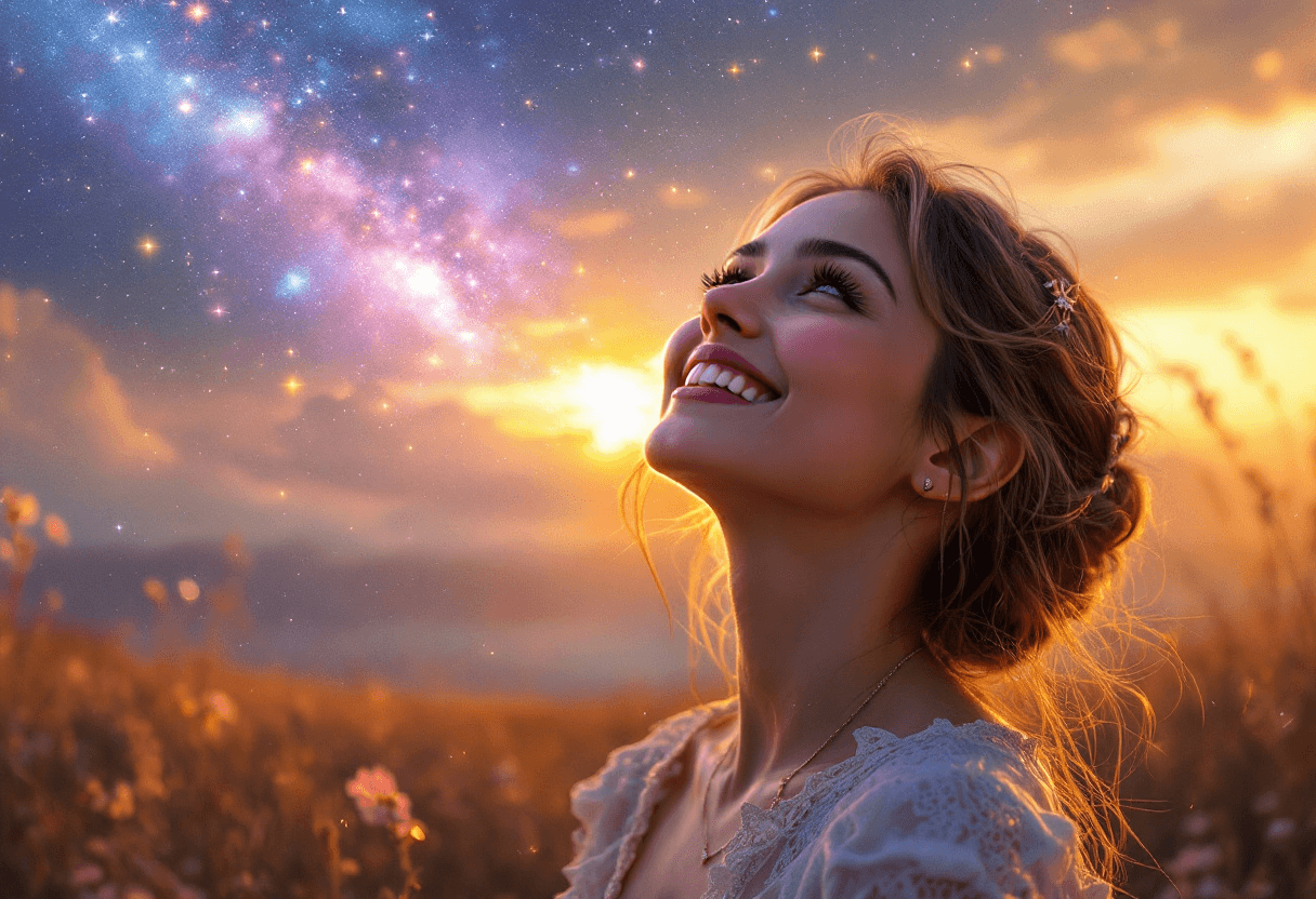 hyperrealistic art ethereal fantasy concept art of  a woman looking up and smiling at the sunset, magnificent, celestial, ethereal, painterly, epic, majestic, magical, fantasy art, cover art, dreamy,  extremely high-resolution details, photographic, realism pushed to extreme, fine texture, incredibly lifelike