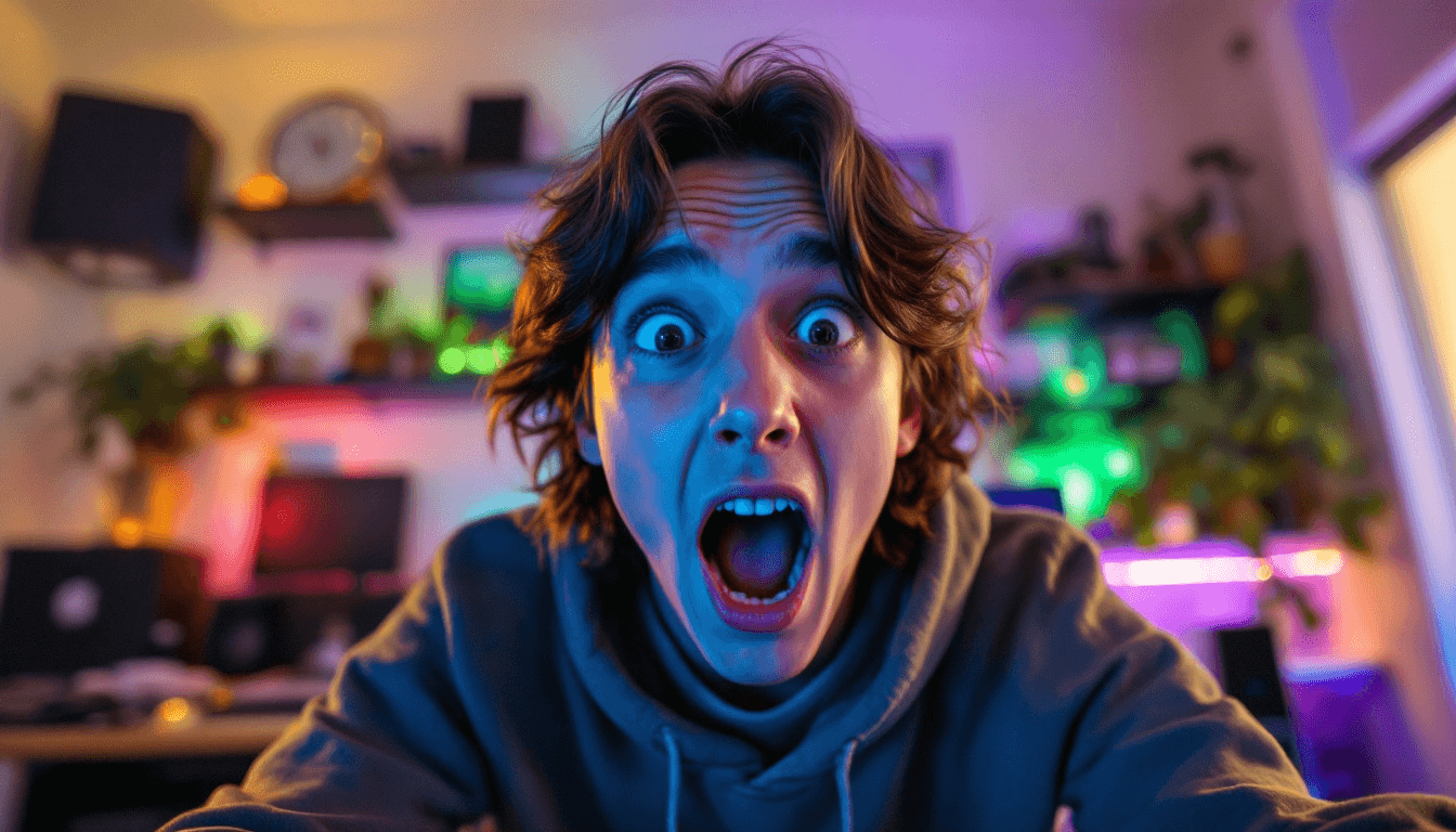 A close-up shot of a young YouTuber in their home studio, with wide eyes and mouth agape, visibly freaking out on camera. The room is filled with modern tech gadgets and colorful LED lights casting vibrant glows. The background features a neatly arranged shelf with awards and memorabilia, while a soft natural light filters through a nearby window, highlighting the intense expression on the YouTuber’s face.
in the style of David LaChapelle