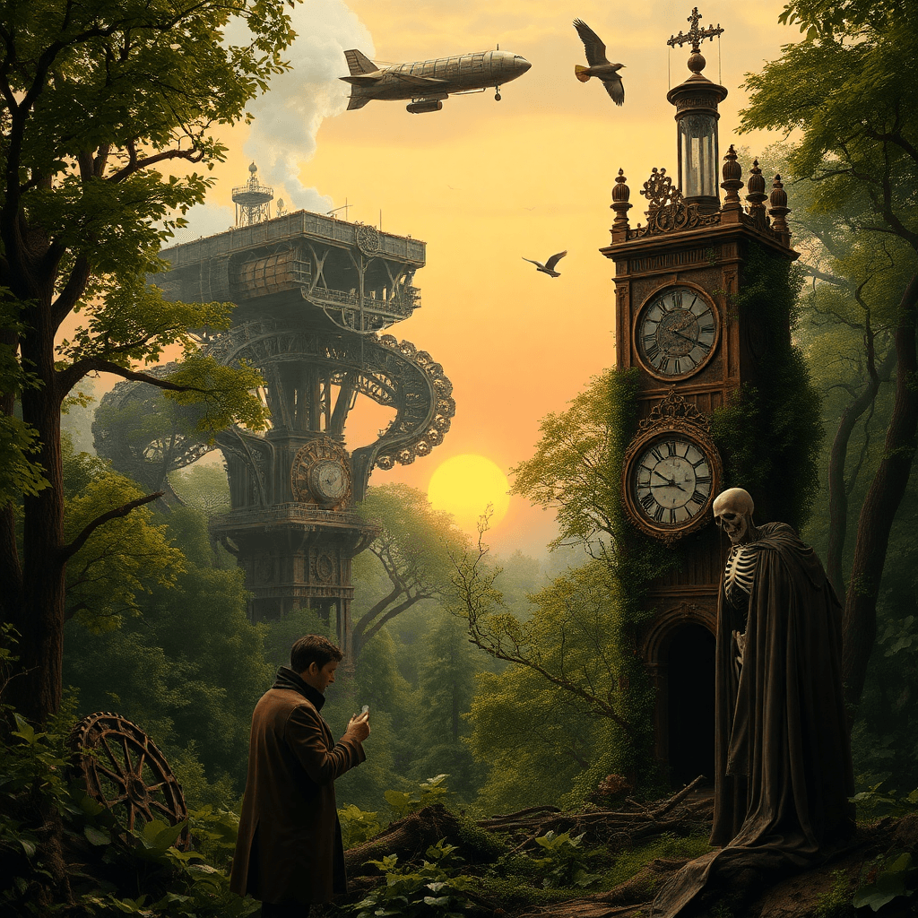 A breathtaking scene of a steampunk forest, where towering mechanical trees with brass gears and copper leaves blend seamlessly with lush green vegetation. A weathered airship hovers above the canopy, emitting soft steam, while rusted mechanical birds flutter nearby. At the base of an ancient, decaying clocktower overtaken by vines, a nurturing figure in a worn leather coat tends to a delicate steam-powered plant. In the distance, a shadowy skeletal figure representing death, cloaked in tattered robes, watches silently as the gears of life slowly turn beneath the amber glow of a setting sun