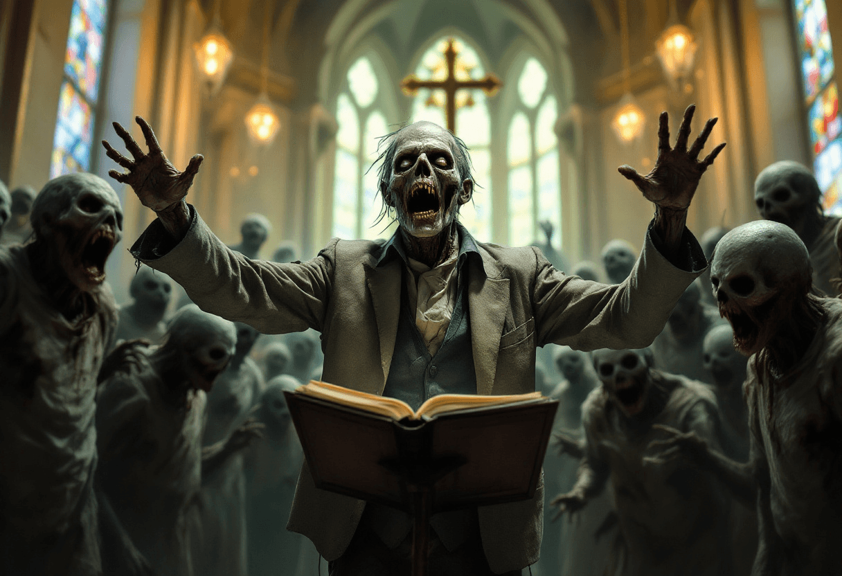 realistic portrait of a zombie composer leading a choir of moaning zombies in a church. he has a musical guide and his arms are outstretched as if to lead them.