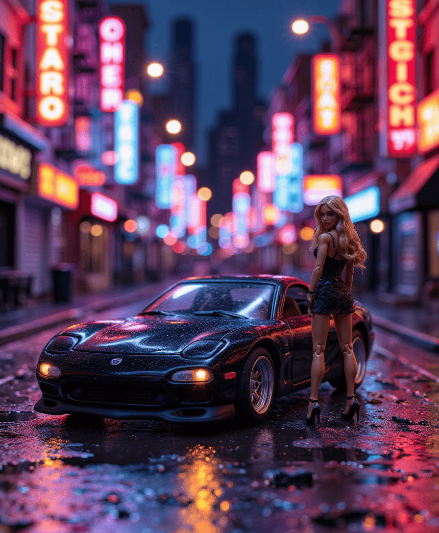 a photo of HotWheels RX7 car,, action figure style image,, Create a captivating night scene that captures the essence of 1993 NYC on 42nd Street with a cinematic flair. The image features a sleek black Mazda RX-7 FD parked on a rain-soaked pavement, its glossy surface reflecting the vibrant glow of surrounding neon lights. A stylish woman stands poised beside the car, her blond hair cascading around her shoulders. She is dressed in a chic black club dress that hugs her silhouette, complemented by elegant high-heeled shoes, exuding an air of sophistication and confidence.

The composition places the woman slightly off-center to the right, emphasizing her interaction with the car. The camera captures this scene with a 70mm lens at f/2.8, creating a rich depth of field that separates the subjects from the bustling city backdrop. Neon lights flicker in the distance, enhancing the nostalgic feel of a lively 1993 New York City night.

The atmosphere brims with energy, set against a backdrop subtly blurred into bokhe, dotted with vibrant, flickering neon signs, hinting at the nightlife that bustles in the background. The color palette is rendered in 10-bit Sony cinematic quality, ensuring sharp contrasts and vibrant hues that enhance the interplay between light and shadow, creating an engaging and dynamic visual experience.