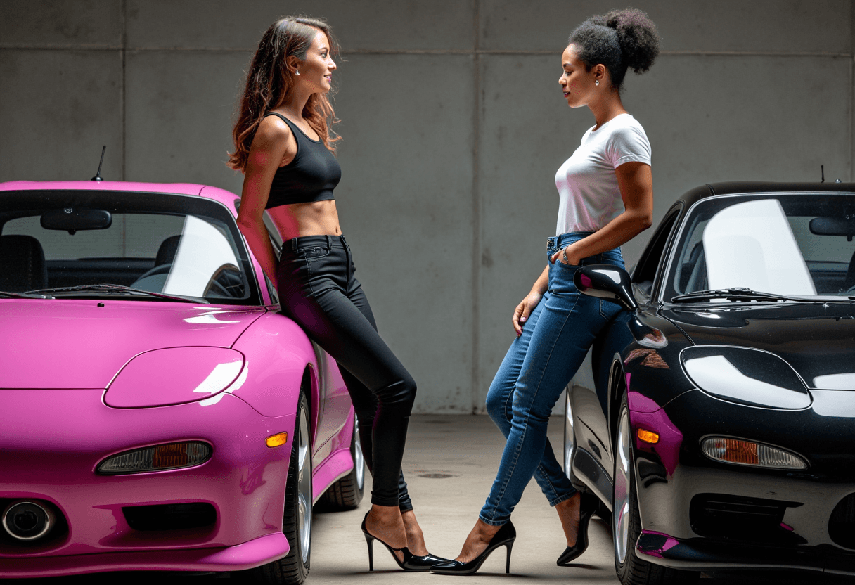 a photo of rx7fd badge,  Two incredibly sexy exotic women engage in quiet conversation while leaning against their respective Mazda RX7FDs, parked side by side in a dimly lit parking lot. The woman on the left, with long flowing platinum blond hair, is dressed in a black t-shirt with black leggings and high heels, her posture relaxed yet elegant. Her Ebony counterpart on the right, sporting a afro, stylish haircut, blue jeans, and a white t-shirt and high heels. Between them, the polished surfaces of their cars gleam, reflecting the harsh light, one a vibrant pink, the other a sleek black, both seemingly silent observers to the human interaction taking place. The concrete wall behind them is a monolithic backdrop, its rough texture a stark contrast to the smooth lines of the vehicles. The scene is devoid of any other people or distractions, highlighting the intimacy of the moment shared between the two women and their cars.cter