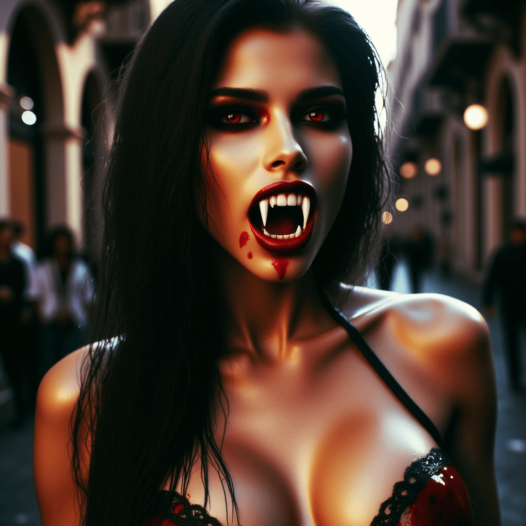 VAMP, full body ultra realistic young female vampire, leather bikini, long canines teeth fangs, vampire teeth, blood, angry looking, high detailed skin and eyes, post apocalyptic background