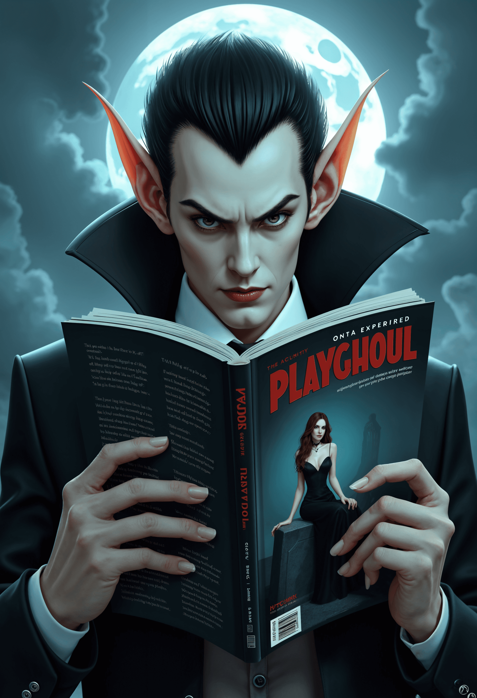 This image is a digitally created artwork that features a man, dracula with exaggerated features reminiscent of a vampire or a fantasy creature. The character is reading holding a magazine with the title PLAYGHOUL on the cover, which is a nod to the horror and fantasy genre. The art style is realistic with a touch of surrealism, as the characters ears are elongated and pointed, which is not a common feature in everyday human anatomy.The medium appears to be digital painting, as evidenced by the smooth blending of colors and the lack of texture that might be present in traditional mediums like oil or acrylic paints. The colors are rich and moody, with a predominance of dark blues and blacks that give the image a gothic feel. The background is a cloudy sky with a full moon, which further enhances the nighttime, mysterious atmosphere.The objects in the image include the magazine, which is the central focus, and the characters hands, which are holding the magazine. The character is also wearing a dark, formal outfit with a high collar, which is often associated with vampire lore. The magazines cover features a woman in a black dress, seated on a tombstone, which is a common trope in horror and fantasy imagery. The overall composition of the image is balanced, with the magazine and the characters hands drawing the viewers eye directly to the title and the characters face.