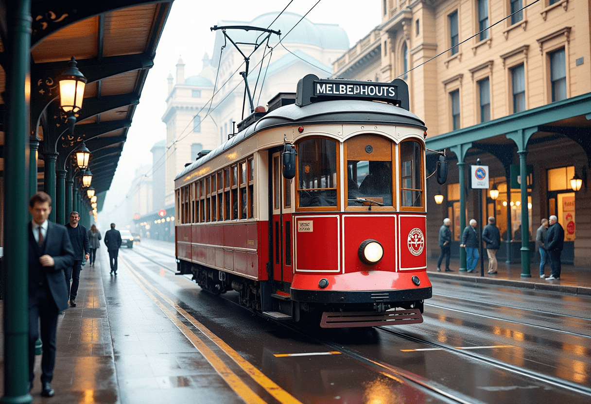 A wet day. A Victorian Tourist tram  in front Flinders, Melbourne train station. sharp focus, ultra realistic, film grain, Wet Watercolor Art