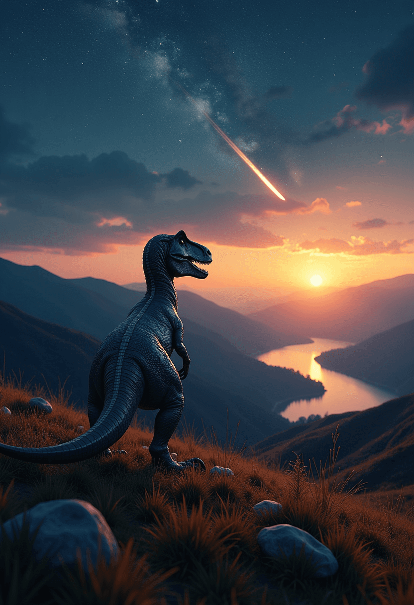 A surreal scene unfolds at twilight, as the dim light of dusk casts a magical veil over the landscape. This high-resolution digital creation blends photography and digital manipulation beautifully, producing a dreamlike quality that blurs the lines between reality and fantasy. The setting is during the golden hour, where the sinking sun bathes the scene in a warm, golden glow, contrasting against the cool blues and purples of the sky. The celestial sky is a spectacle in itself, adorned with countless stars and a delicate crescent moon, while a brilliant comet streaks across, evoking wonder.

The composition's focal point is a majestic t-rex dinosaur, realistically detailed in grayscale, subtly textured to capture the lifelike appearance of its scales and wrinkles. Positioned prominently in the foreground on grassy terrain, the dinosaur faces away, its head turned contemplatively toward the captivating night sky. A gentle light source highlights its form, casting natural shadows that lend depth and drama to its presence.

The landscape around the t-rex dinosaur is serene and enchanting, featuring rolling hills cloaked in lush greenery and a tranquil body of water. The hills and water are bathed in the warm embrace of the fading sunset, the water's surface shimmering as it reflects the vibrant hues of the transitioning sky. The horizon is softly illuminated