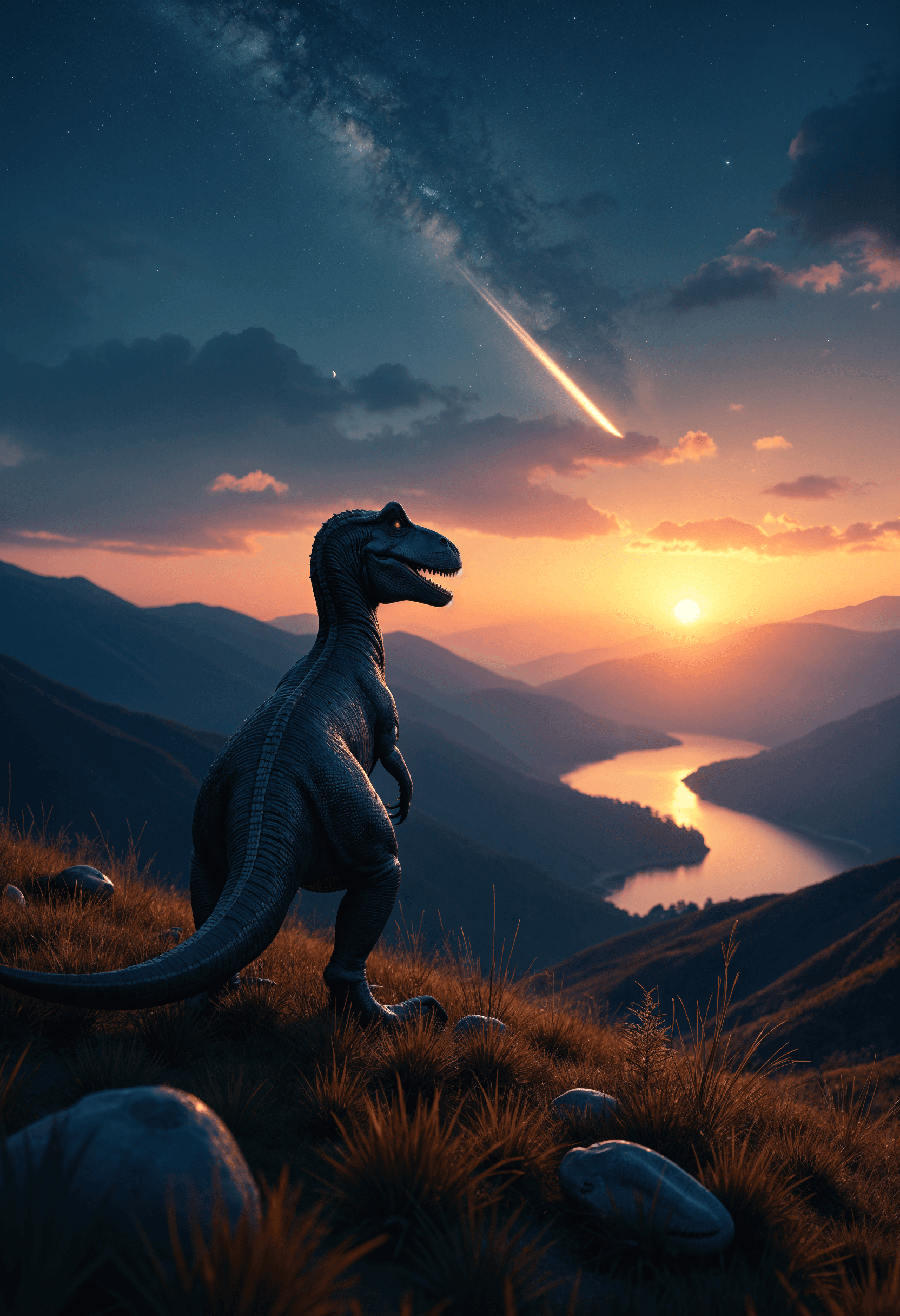 A surreal scene unfolds at twilight, as the dim light of dusk casts a magical veil over the landscape. This high-resolution digital creation blends photography and digital manipulation beautifully, producing a dreamlike quality that blurs the lines between reality and fantasy. The setting is during the golden hour, where the sinking sun bathes the scene in a warm, golden glow, contrasting against the cool blues and purples of the sky. The celestial sky is a spectacle in itself, adorned with countless stars and a delicate crescent moon, while a brilliant comet streaks across, evoking wonder.

The composition's focal point is a majestic t-rex dinosaur, realistically detailed in grayscale, subtly textured to capture the lifelike appearance of its scales and wrinkles. Positioned prominently in the foreground on grassy terrain, the dinosaur faces away, its head turned contemplatively toward the captivating night sky. A gentle light source highlights its form, casting natural shadows that lend depth and drama to its presence.

The landscape around the t-rex dinosaur is serene and enchanting, featuring rolling hills cloaked in lush greenery and a tranquil body of water. The hills and water are bathed in the warm embrace of the fading sunset, the water's surface shimmering as it reflects the vibrant hues of the transitioning sky. The horizon is softly illuminated