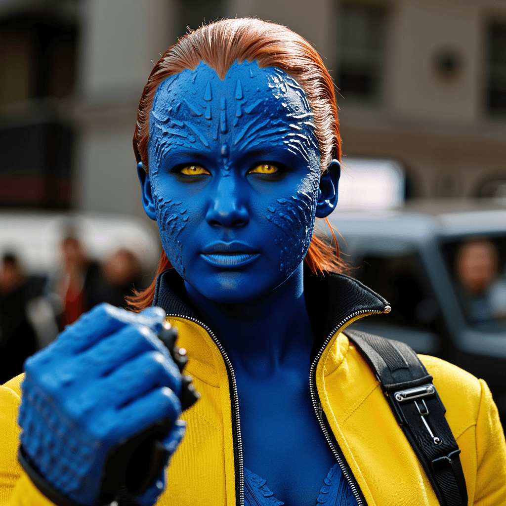 a photo of blue MSTQ woman, in a yellow and black flack jacket, ready to fight