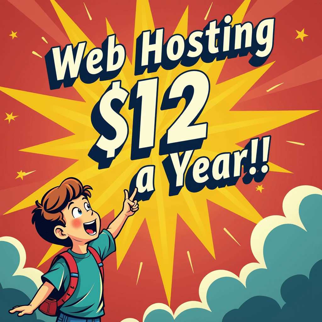 create a banner for DirectAdmin web hosting professional colorful snappy 1950's retro, starburst, rocket, young boy pointing. title words "Web Hosting, $12 a Year!!" raised clear font