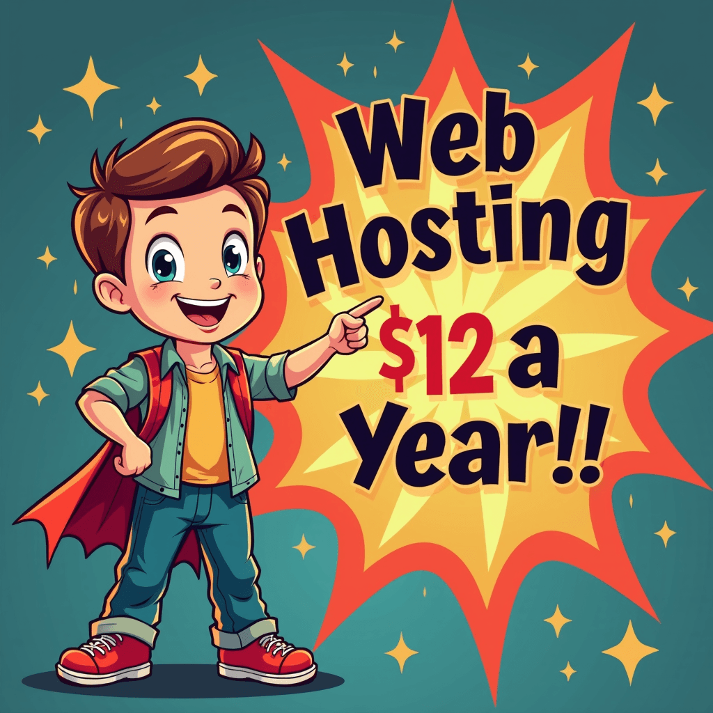 create a banner for DirectAdmin web hosting professional colorful snappy 1950's retro, starburst, rocket, young boy pointing. title words "Web Hosting, $12 a Year!!" raised clear font