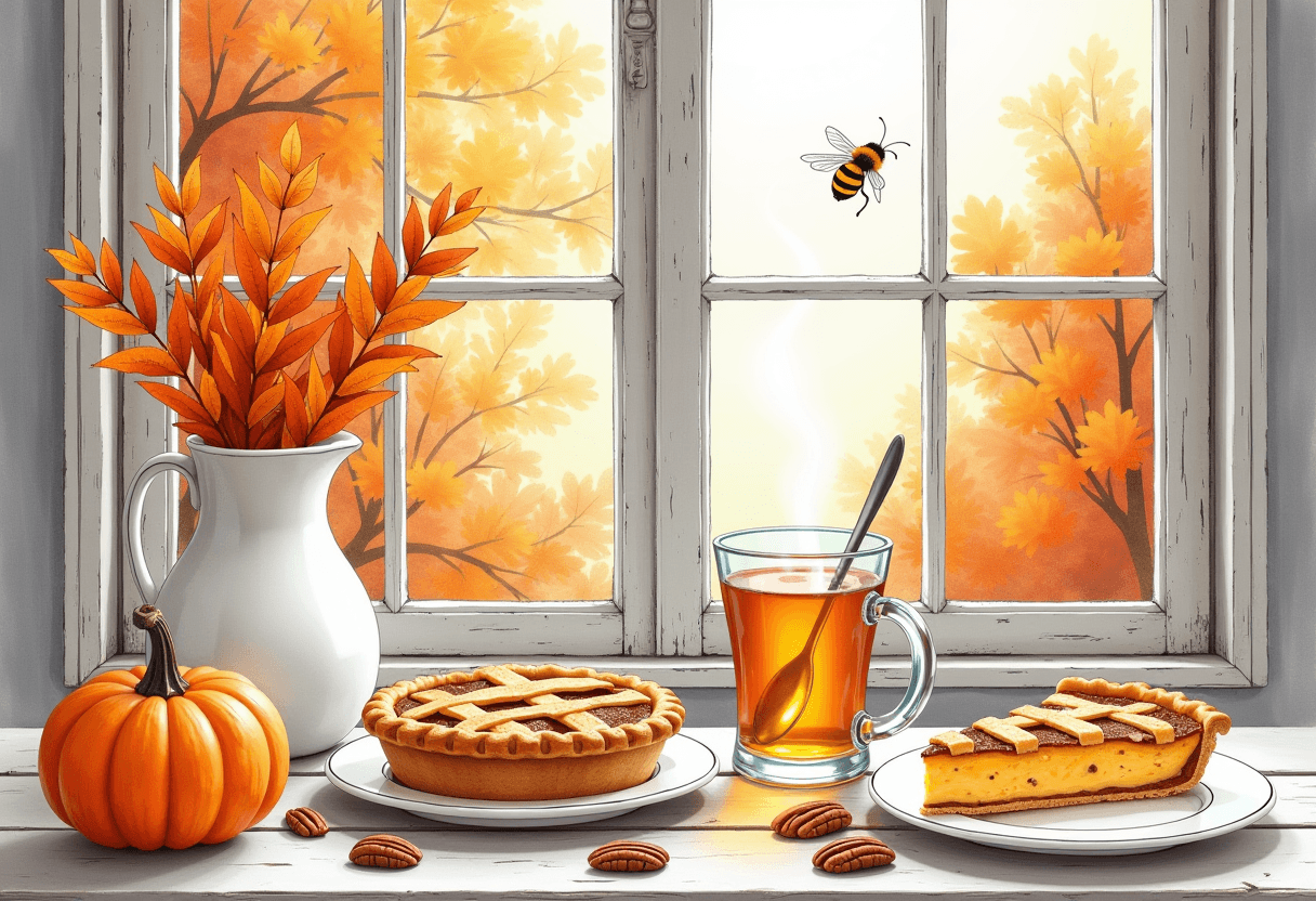 Create a watercolor and alcohol ink of an image which features an autumnal scene viewed through a window. The scene includes a steaming hot beverage in a clear glass with a spoon, next to it is an open jar of honey and a white pitcher with orange flowers. In the foreground, there is a pie with lattice crust on a plate, two slices of pie on another plate, whole pecans scattered around, and one pumpkin to the side. The background shows trees with orange leaves outside the window and one bee flying in. The setting suggests a cozy fall atmosphere. Window color: whitish-grey and weathered wood