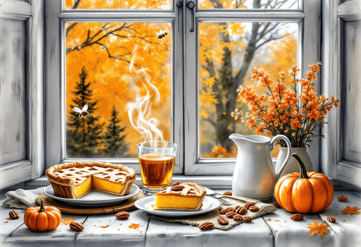 Create a watercolor and alcohol ink of an image which features an autumnal scene viewed through a window. The scene includes a steaming hot beverage in a clear glass with a spoon, next to it is an open jar of honey and a white pitcher with orange flowers. In the foreground, there is a pie with lattice crust on a plate, two slices of pie on another plate, whole pecans scattered around, and one pumpkin to the side. The background shows trees with orange leaves outside the window and one bee flying in. The setting suggests a cozy fall atmosphere. Window color: whitish-grey and weathered wood