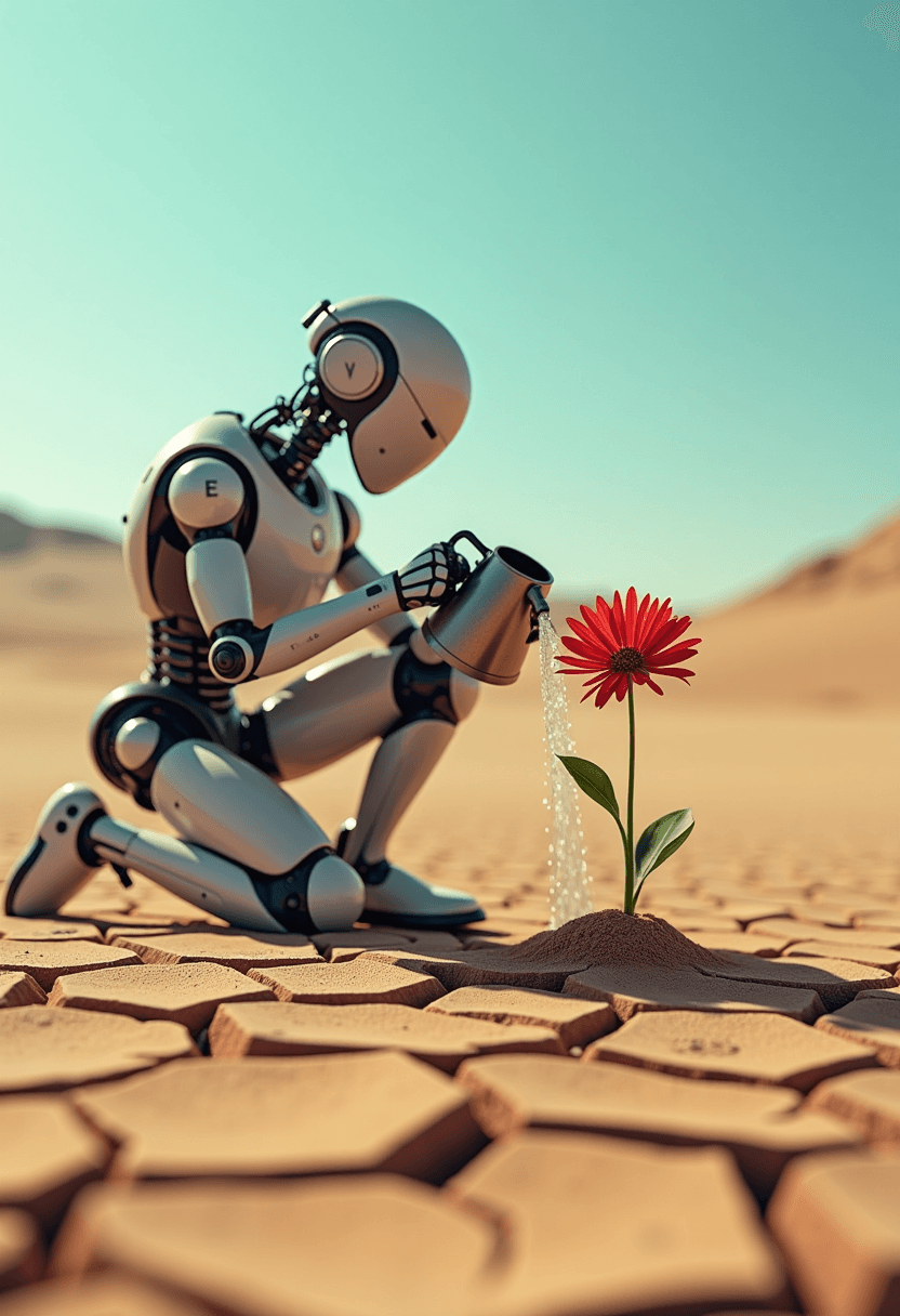 Create an image that starkly contrasts life and desolation, featuring a small vibrant flower blooming amidst the harsh landscape of a barren desert.  A huge robot is kneeling down next to the flower giving it water from a jug, watering the flower from above. The small flower, a single bloom of radiant crimson with intricate petals, stands tall and defiant. The desert around it is depicted in muted sepia tones, with cracked, parched earth stretching endlessly under a cloudless, azure sky. Capture the scene with a low-angle, macro shot to emphasize the resilience and delicate beauty of the flower against the overwhelming vastness of its desolate surroundings. The sunlight casts soft morning shadows, lending a sense of warmth and hope to the resilient bloom. Focus on the texture of the petals and the dry, gritty sand to enhance the contrast between the vivid life and stark desolation. The atmosphere should evoke a sense of wonder and admiration for life's ability to flourish in adversity. Utilize high dynamic range (HDR) photography to highlight the depth and richness of colors and textures.