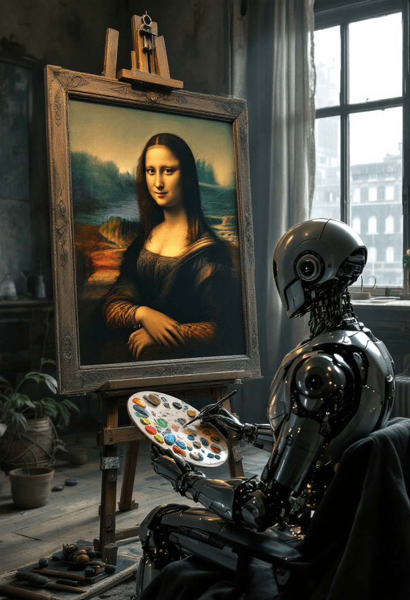 create a 3d realistic novel photograph depicts a iron robot sitting in front of a Mona Lisa canvas painting a landscape view, holding Artist palette, in an old loft apartments. Cyberpunk style 128k