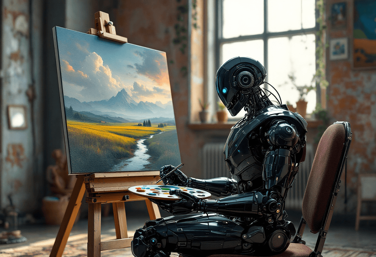 create a 3d realistic novel photograph depicts a iron robot sitting in front of a canvas painting a landscape view, holding Artist palette, in an old loft apartments. Cyberpunk style 128k