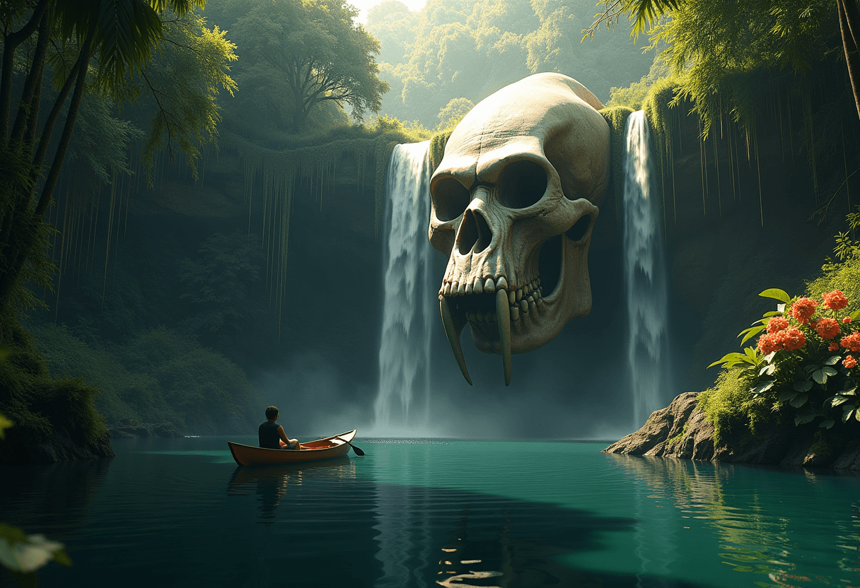 A cinematic scene, a lone person in a boat floats on a calm lake, reflecting a waterfall cascading from/over a massive gorilla ape bone skull with huge fangs. It is surrounded by lush jungle. Sunlight filters through the canopy, illuminating the tranquil waters. Rich textures, vibrant moss, and flowers evoke a serene, otherworldly ambiance in this harmonious blend of nature and fantasy.