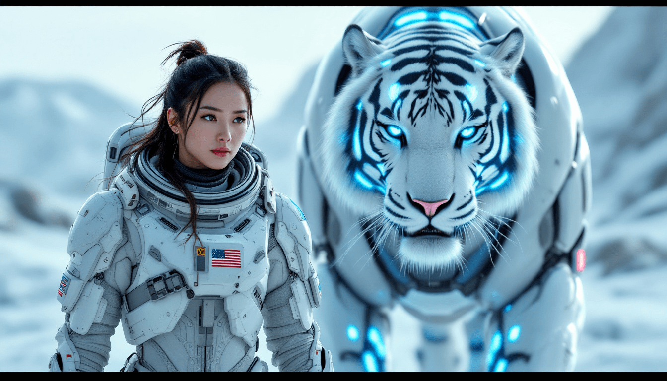 A hyper-realistic image of a U.S. astronaut-soldier in her early 30s, female, Asian, wearing advanced, space-ready Fallout-inspired power armor without a helmet, walking beside a gigantic robotic white tiger. The icy plains of Europa stretch behind them, with the robotic tiger’s glowing blue stripes lighting up the frozen landscape. The soldier’s face is clearly visible, showing calm focus, with the USA flag badge displayed on both their armors. --ar 9:16 --quality 2 --style raw --stylize 600 --v 6.1