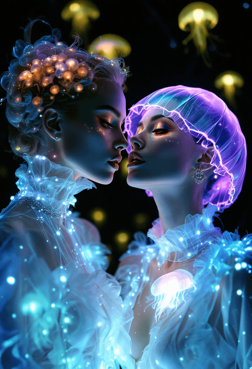 fashion portrait of two womans, bioluminescent clothing, Haeckel Inspired, Umbrella Jellyfish.captured on Hasselblad X1D, 100mm --ar 9:16 --sref 1733758741 --sw 40 --stylize 400 --v 6.1