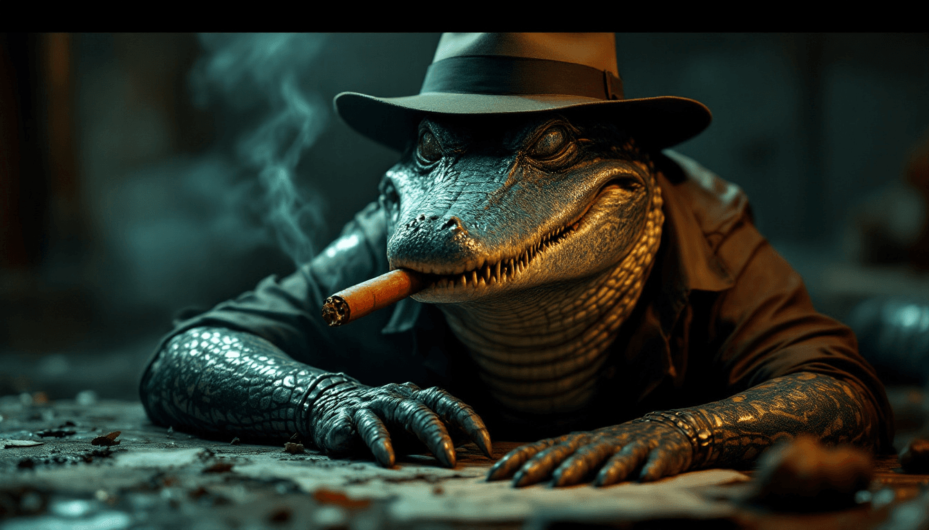 a raw photo of a detective aligator with tattoo sleeves, looking for clues in a crime scene, smoking a cigar. Very shady almost creepy looking aligator with a hat and shirt unbuttoned. 8K, VERY HIGH QUALITY
