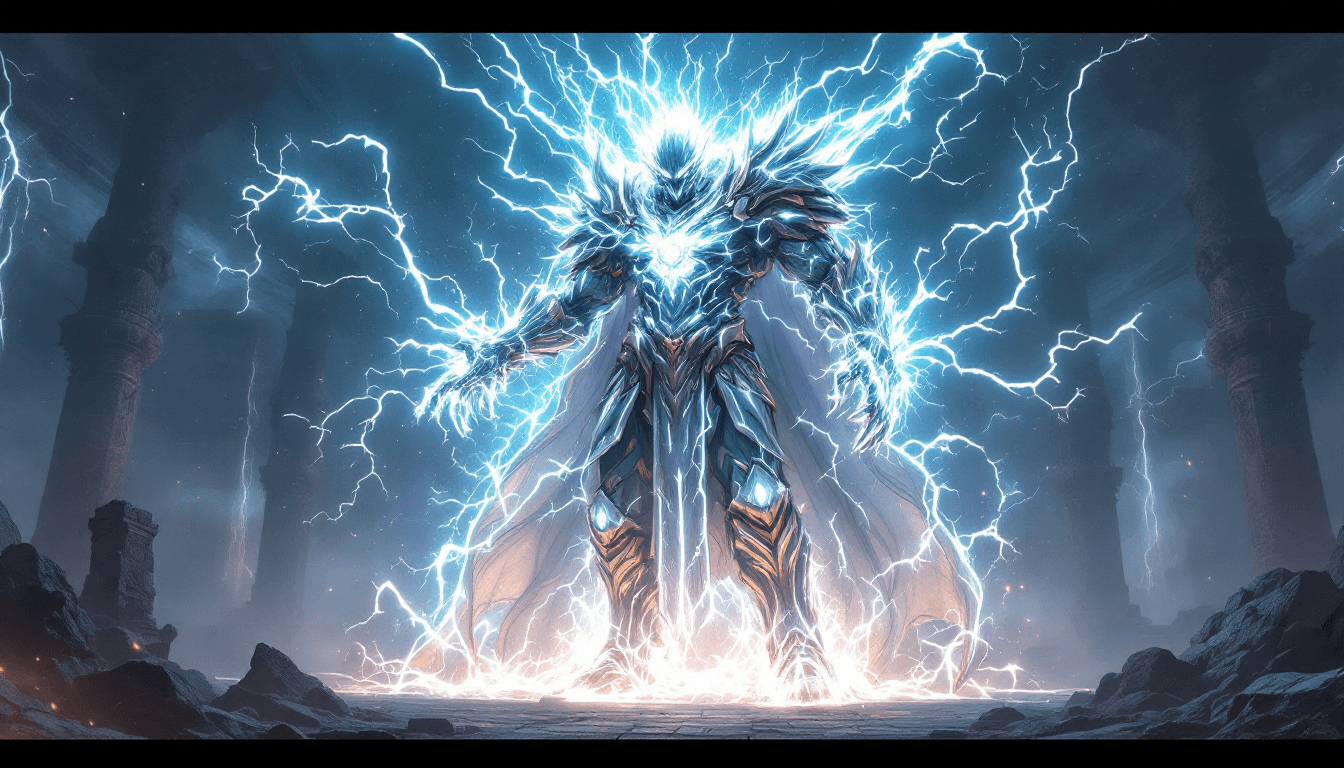 Massive glowing spirit, armored entity crackling with energy, surrounded by a mystical aura, ancient temple ruins in the background, dynamic energy swirling, intimidating and powerful presence. Photorealistic, 8k, anime style, HDR, manga style, high resolution, shot on IMAX laser, intricate details