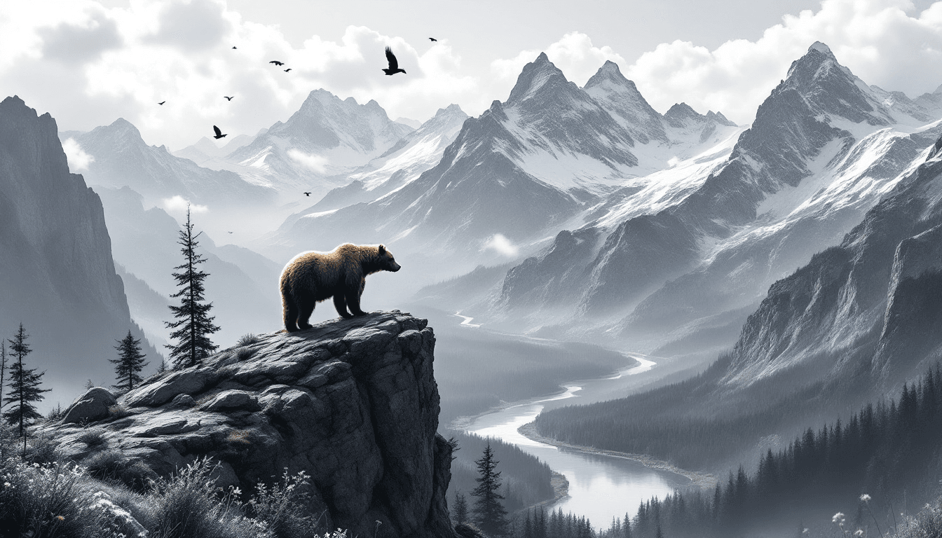 A hyper-realistic, 4k black and white double exposure illustration featuring a bear standing atop a rocky cliff, with its body blending into a dramatic mountain range. The bear's powerful silhouette merges seamlessly with rugged peaks that cascade down into a valley below. A winding river snakes through the valley, reflecting the towering snow-covered mountains and dense forest surrounding it. Wildflowers and tall grass sway gently in the foreground near the cliff, adding texture to the scene. Above, birds circle high in the sky as clouds drift past the mountain tops, creating a sense of movement. The double exposure effect elegantly fuses the bear with the mountainous landscape, symbolizing strength and serenity. Every detail--from the bear’s fur and the jagged rocks on the cliff, to the flowing river and delicate wildflowers--is intricately rendered with ultra-high clarity, no blurriness, and no distortions.