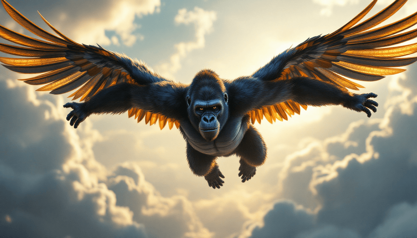 gorilla with the wings, flying in the sky, camera is looking from the bottom side, photorealistic