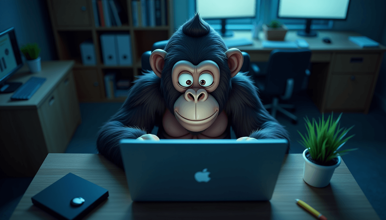 Tilt-shift, looking down, 6 feet elevation, closeup, overhead, aerial view of a cartoon gorilla using a home computer in a dark laboratory late at night.