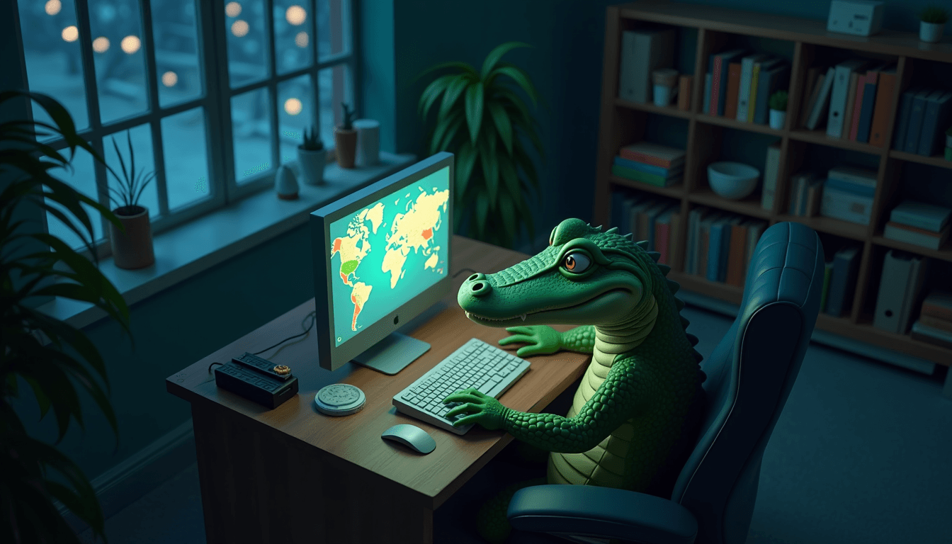 Tilt-shift, looking down, 6 feet elevation, closeup, overhead, aerial view of a cartoon alligator using a home computer in a dark laboratory late at night. Spy cam view.