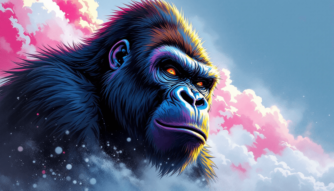 anime gorilla like mangaka drawing. Bright color bold lines