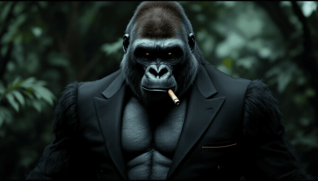 a mafia gorilla with a gorilla head and human body with a six pack and large muscles wearing a black suite with gold trim. make the background a jungle, with a cigar in the gorillas hand, hyper realistic, 4k, show full body from top to bottom.