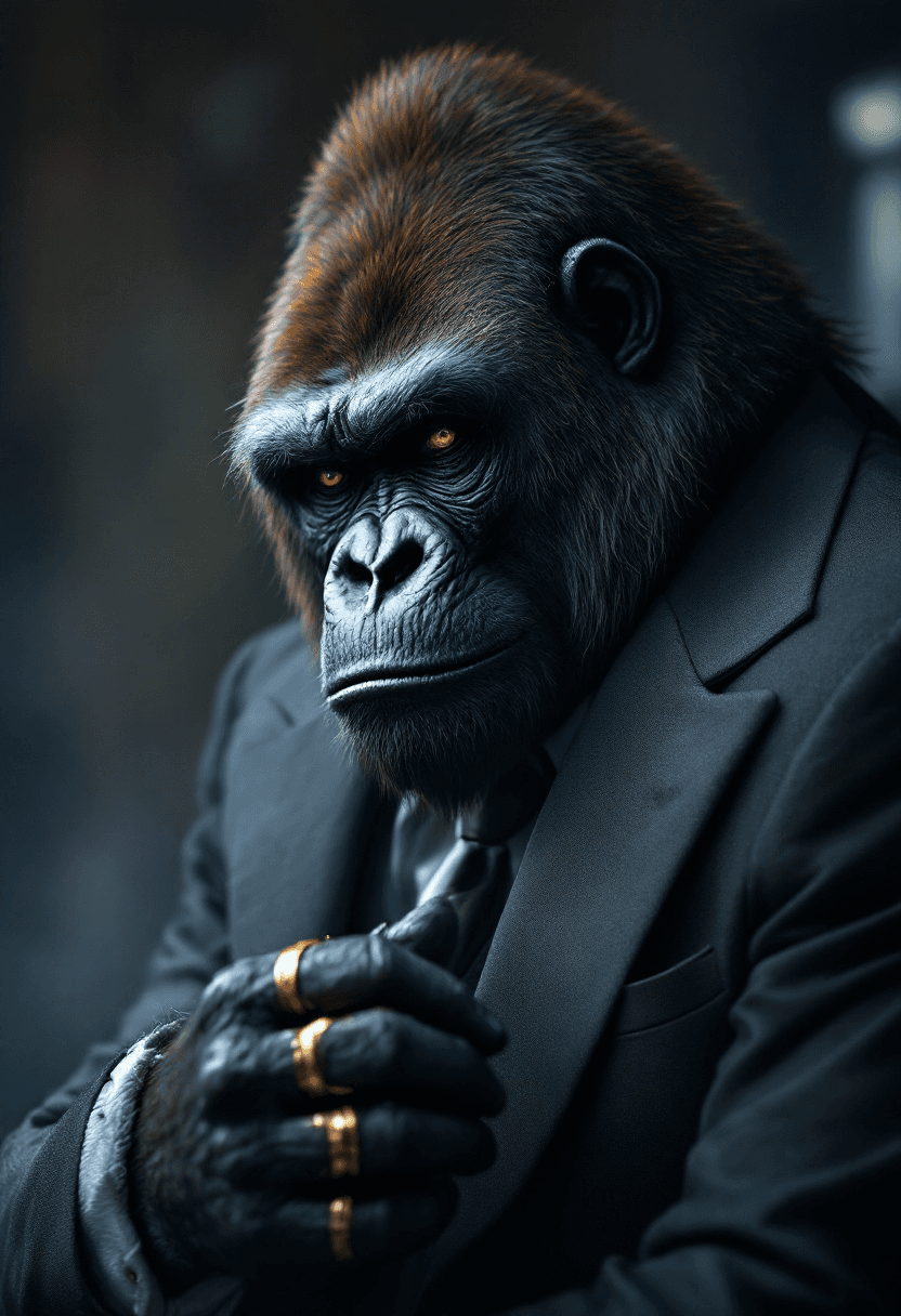 Gorilla with badboy face, wearing a gray tuxedo and tie, showing left hand with and golden ring smoky room with low light, full body