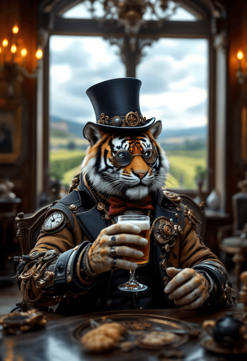 A captivating photograph of an anthropomorphic steampunk tiger, adorned with gears, gadgets and intricate details. He looks like an axolotl creature wearing a top hat and monocle, sipping a beer. The background is an Alsatian-inspired room, with period furniture, ornate chandeliers and a large window overlooking a vineyard landscape. The overall mood is a blend of whimsy, nostalgia and sophistication, photo
