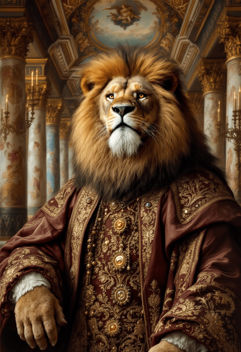 Regal lion with a philosopher’s beard, clad in an elaborate Renaissance robe embroidered with gold and gems, seen from the chest up. The background features Italian frescoes on vaulted ceilings, intricate marble columns with golden leaf accents, and ornate candelabras, creating an atmosphere of grandeur and wisdom, oil painting texture, soft diffused lighting, inspired by Rembrandt van Rijn.
